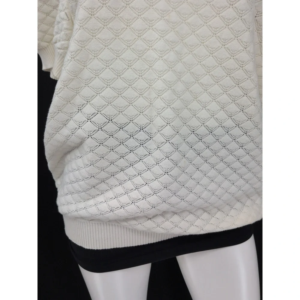 LOFT Ivory Pointelle Diamond Knit Top Puff Sleeve Feminine Cottage Dainty XLarge